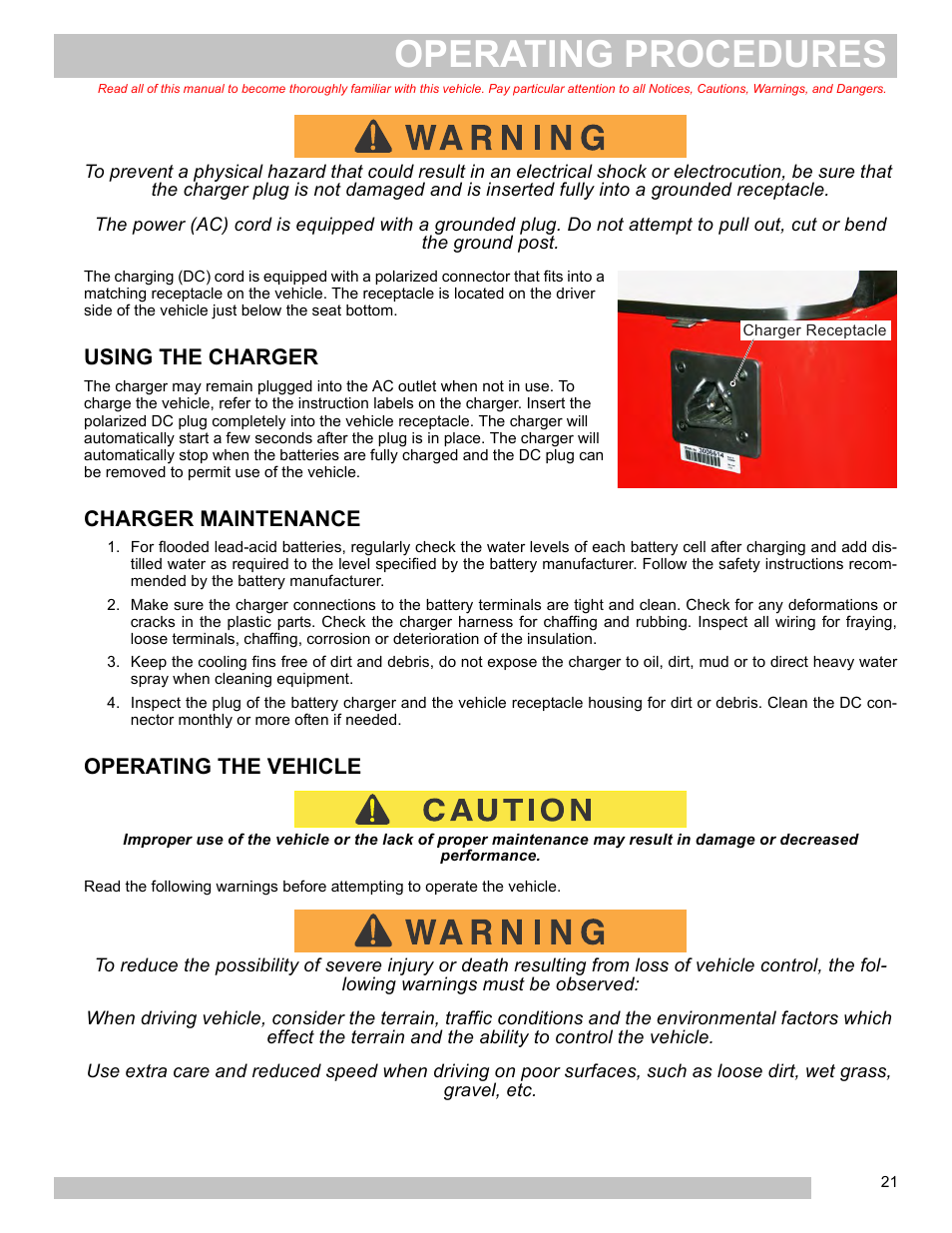 Operating procedures, Using the charger, Charger maintenance | Operating the vehicle | E-Z-GO FREEDOM TXT 2+2 User Manual | Page 29 / 62