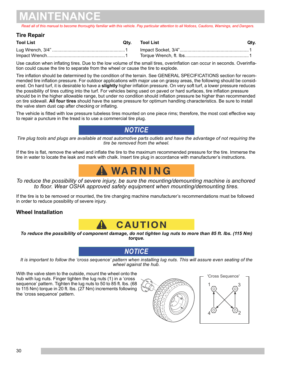 Tire repair wheel installation, Maintenance, Notice | E-Z-GO FREEDOM TXT 2+2 User Manual | Page 38 / 62