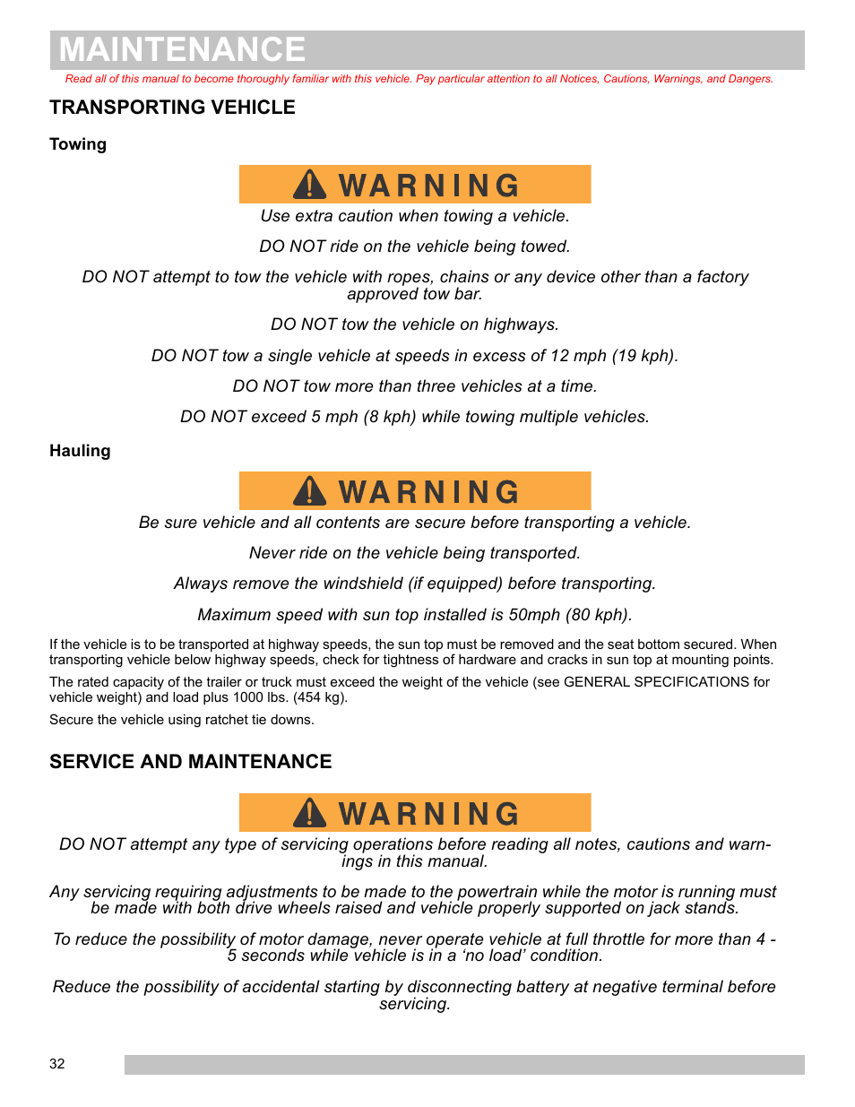 Transporting vehicle, Towing hauling, Service and maintenance | Maintenance | E-Z-GO FREEDOM TXT 2+2 User Manual | Page 40 / 62