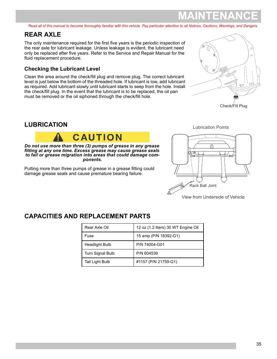 Rear axle, Checking the lubricant level, Lubrication capacities and replacement parts | Maintenance, Lubrication, Capacities and replacement parts | E-Z-GO FREEDOM TXT 2+2 User Manual | Page 43 / 62