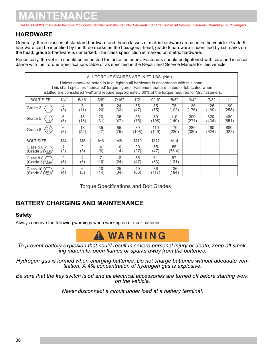 Hardware battery charging and maintenance, Safety, Maintenance | Hardware, Battery charging and maintenance, Torque specifications and bolt grades | E-Z-GO FREEDOM TXT 2+2 User Manual | Page 44 / 62