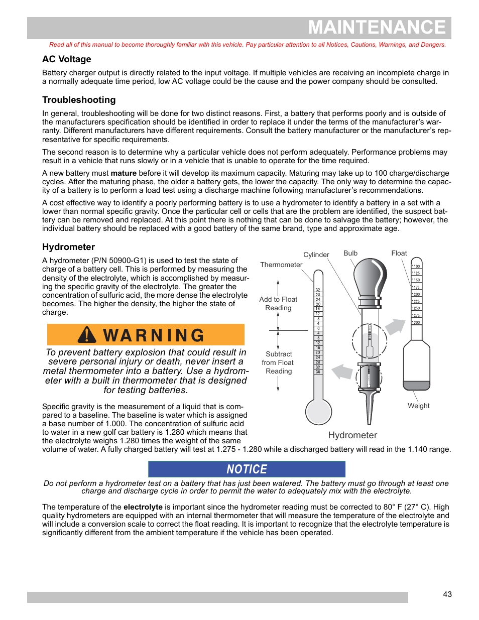 Ac voltage troubleshooting hydrometer, Maintenance, Notice | E-Z-GO FREEDOM TXT 2+2 User Manual | Page 51 / 62