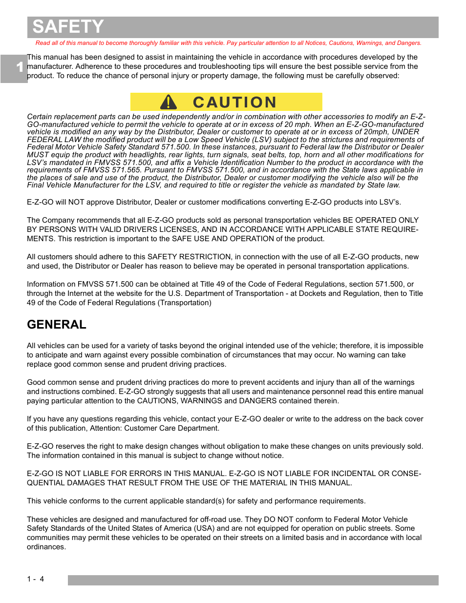 Safety, General | E-Z-GO TERRAIN 250 User Manual | Page 10 / 78