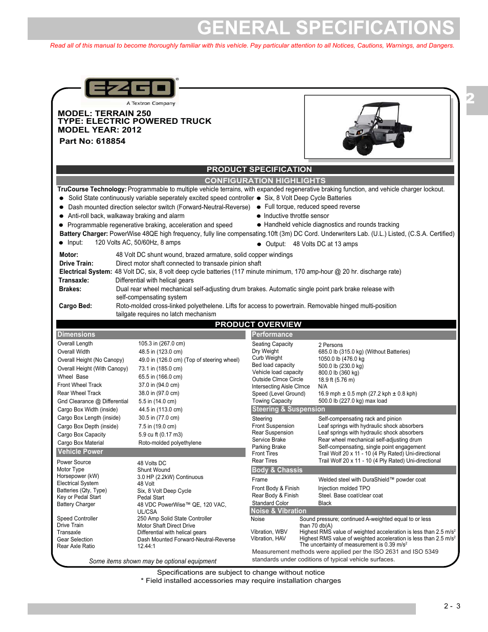 General specifications | E-Z-GO TERRAIN 250 User Manual | Page 21 / 78