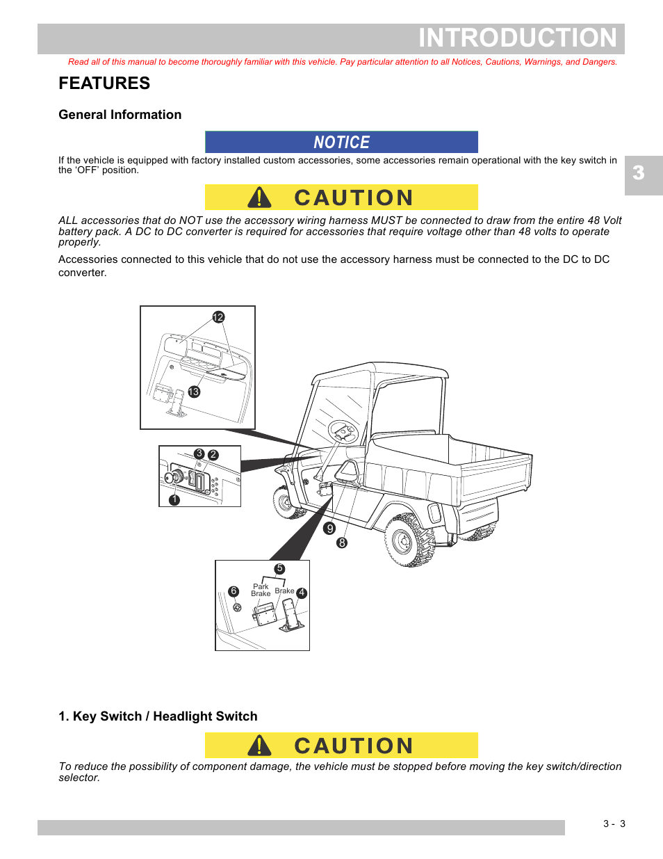 Introduction, Features, Notice | General information, Key switch / headlight switch | E-Z-GO TERRAIN 250 User Manual | Page 27 / 78