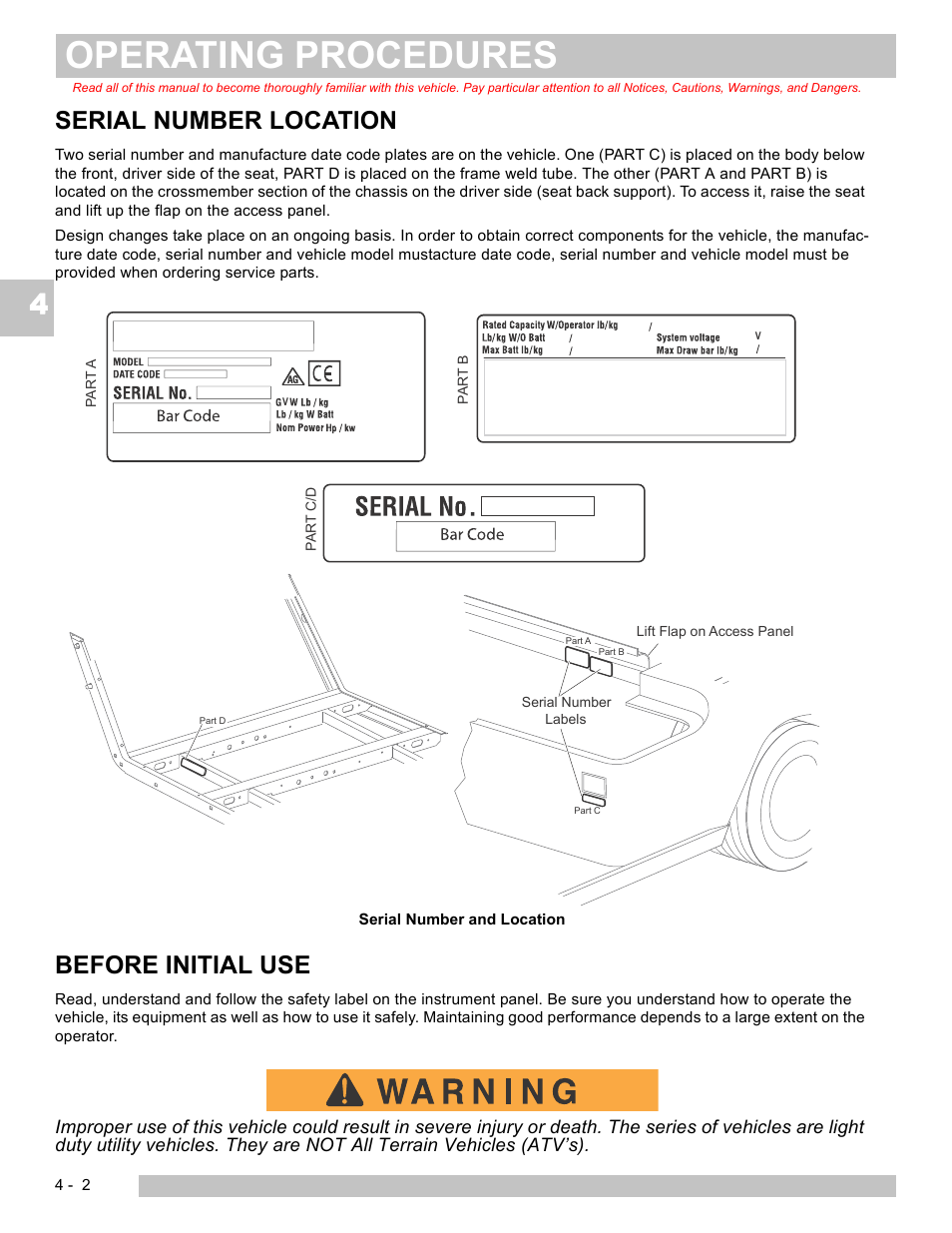 Operating procedures, Serial number location, Before initial use | E-Z-GO TERRAIN 250 User Manual | Page 34 / 78