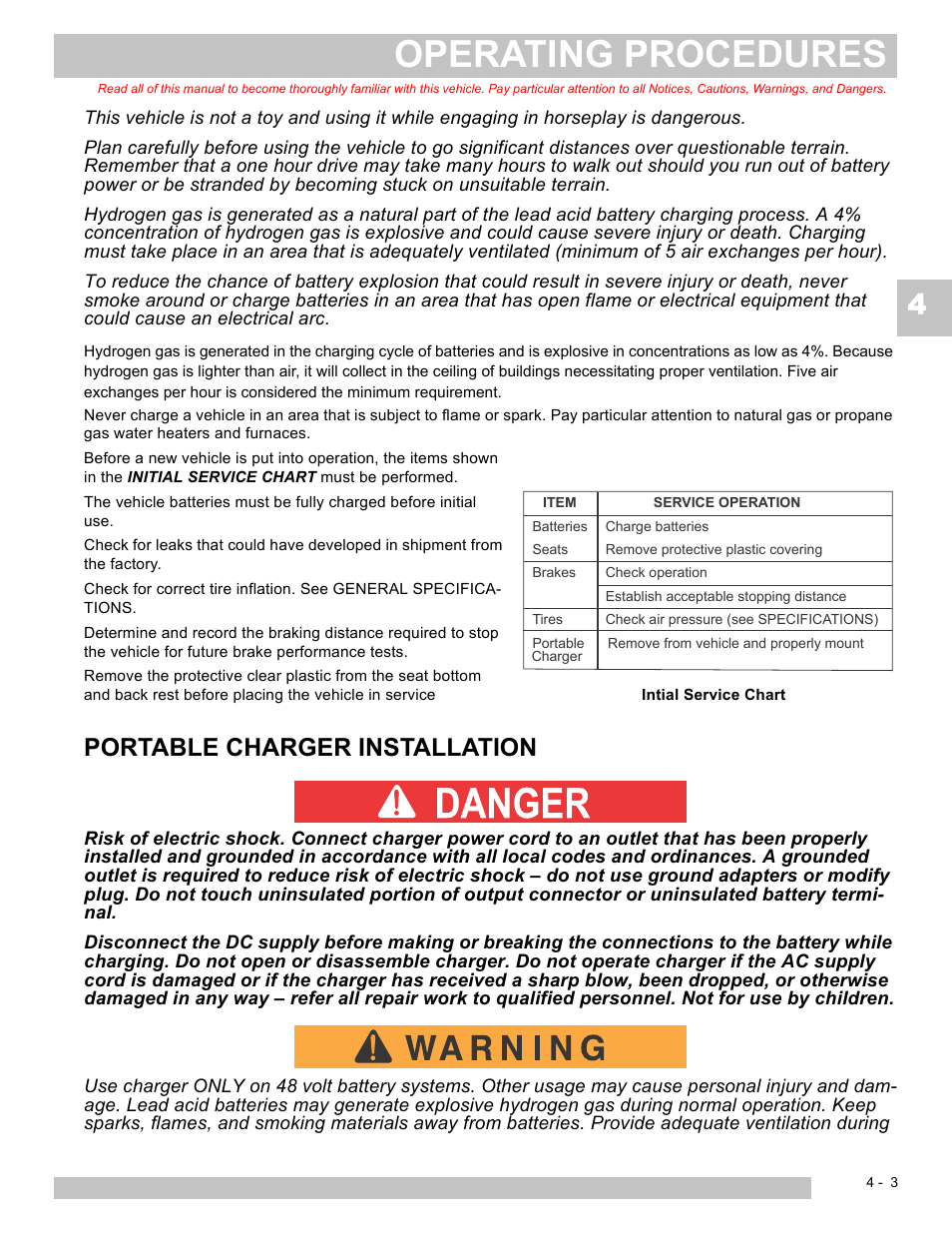 Operating procedures, Portable charger installation | E-Z-GO TERRAIN 250 User Manual | Page 35 / 78