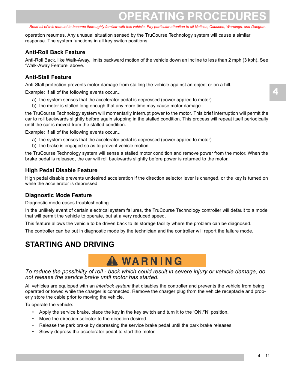 Operating procedures, Starting and driving | E-Z-GO TERRAIN 250 User Manual | Page 43 / 78