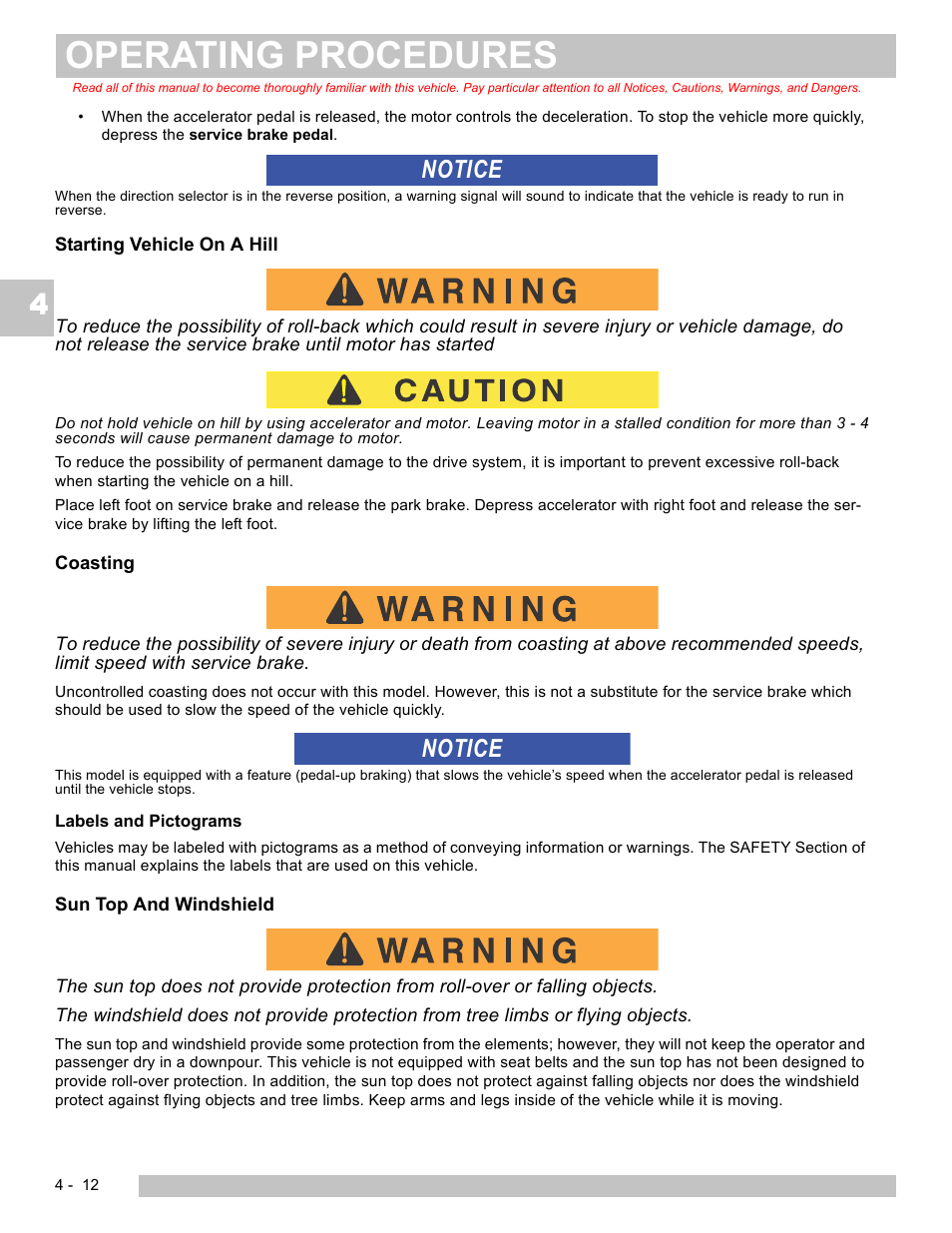 Operating procedures, Notice | E-Z-GO TERRAIN 250 User Manual | Page 44 / 78