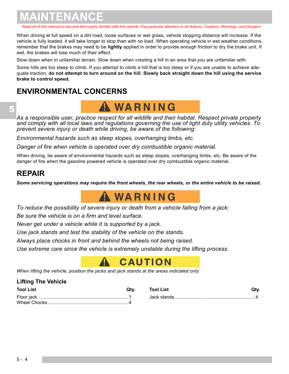 Maintenance, Environmental concerns, Repair | E-Z-GO TERRAIN 250 User Manual | Page 50 / 78