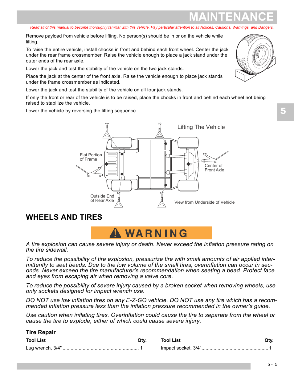 Maintenance, Wheels and tires | E-Z-GO TERRAIN 250 User Manual | Page 51 / 78