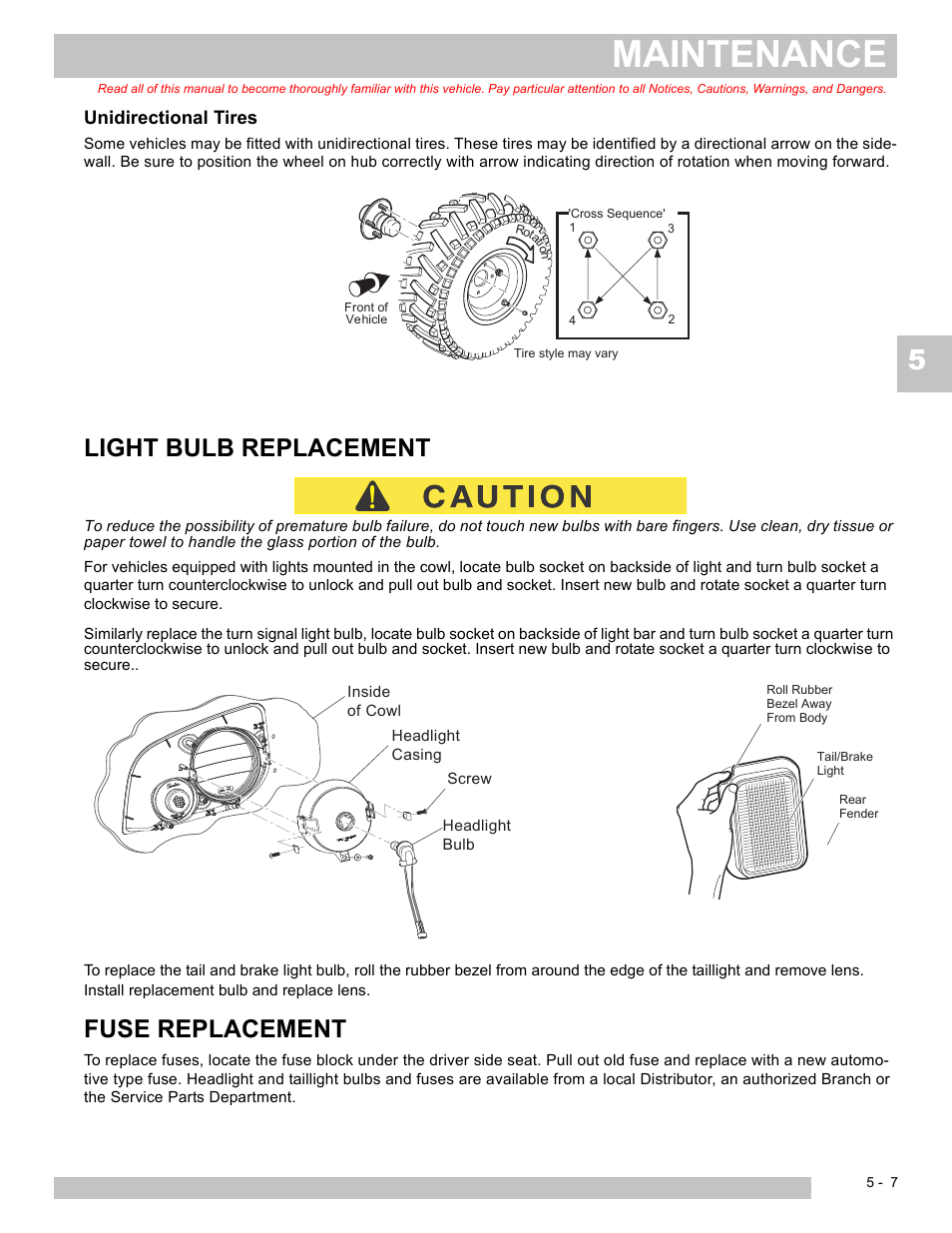 Maintenance, Light bulb replacement, Fuse replacement | E-Z-GO TERRAIN 250 User Manual | Page 53 / 78