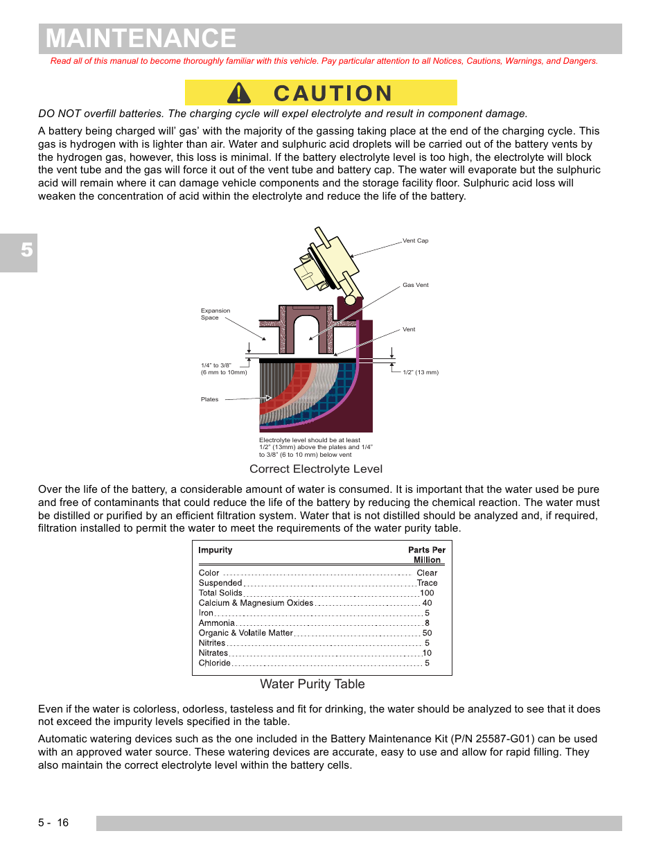 Maintenance, Water purity table | E-Z-GO TERRAIN 250 User Manual | Page 62 / 78