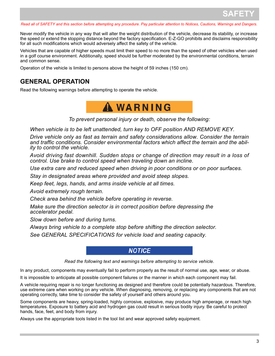 General operation, Safety | E-Z-GO TERRAIN 1000 User Manual | Page 12 / 71