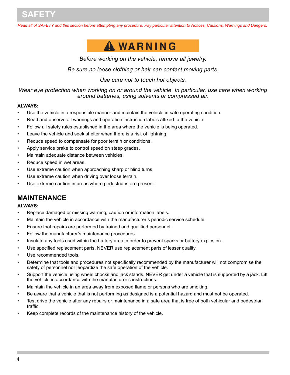 Always, Maintenance, Safety | E-Z-GO TERRAIN 1000 User Manual | Page 13 / 71