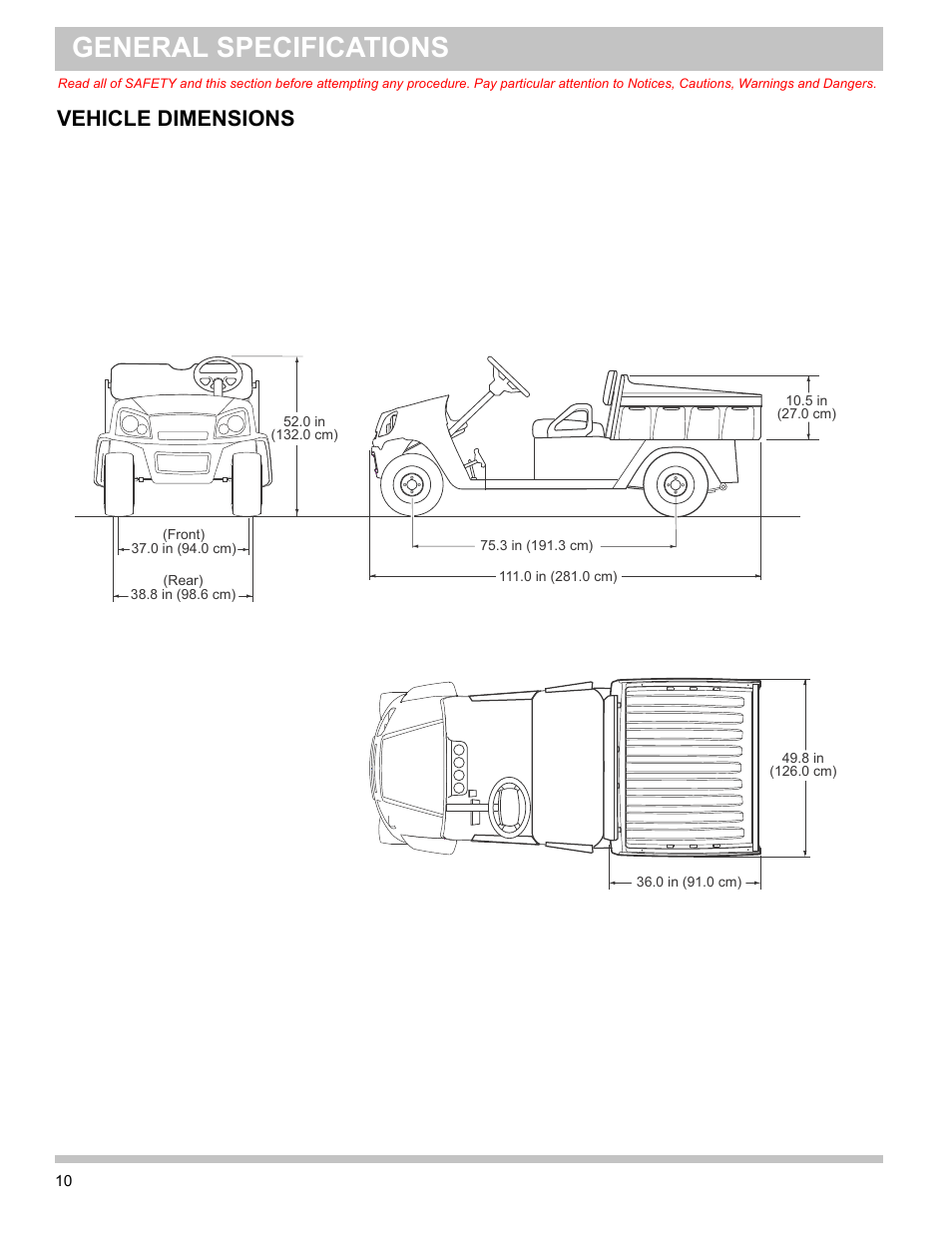 Vehicle dimensions, General specifications | E-Z-GO TERRAIN 1000 User Manual | Page 19 / 71