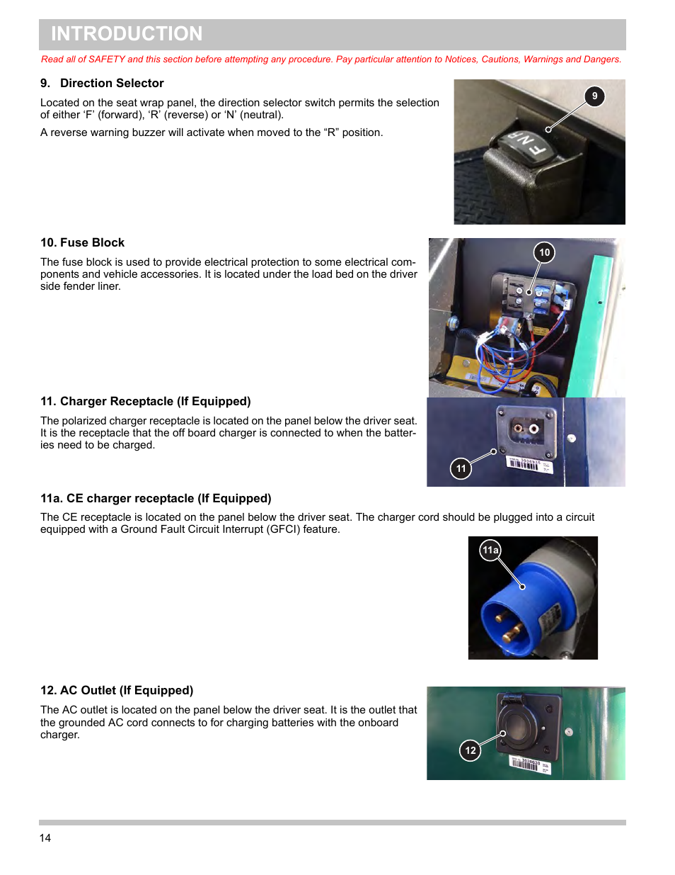 Direction selector, Fuse block, Charger receptacle (if equipped) | Ac outlet (if equipped), Introduction | E-Z-GO TERRAIN 1000 User Manual | Page 23 / 71