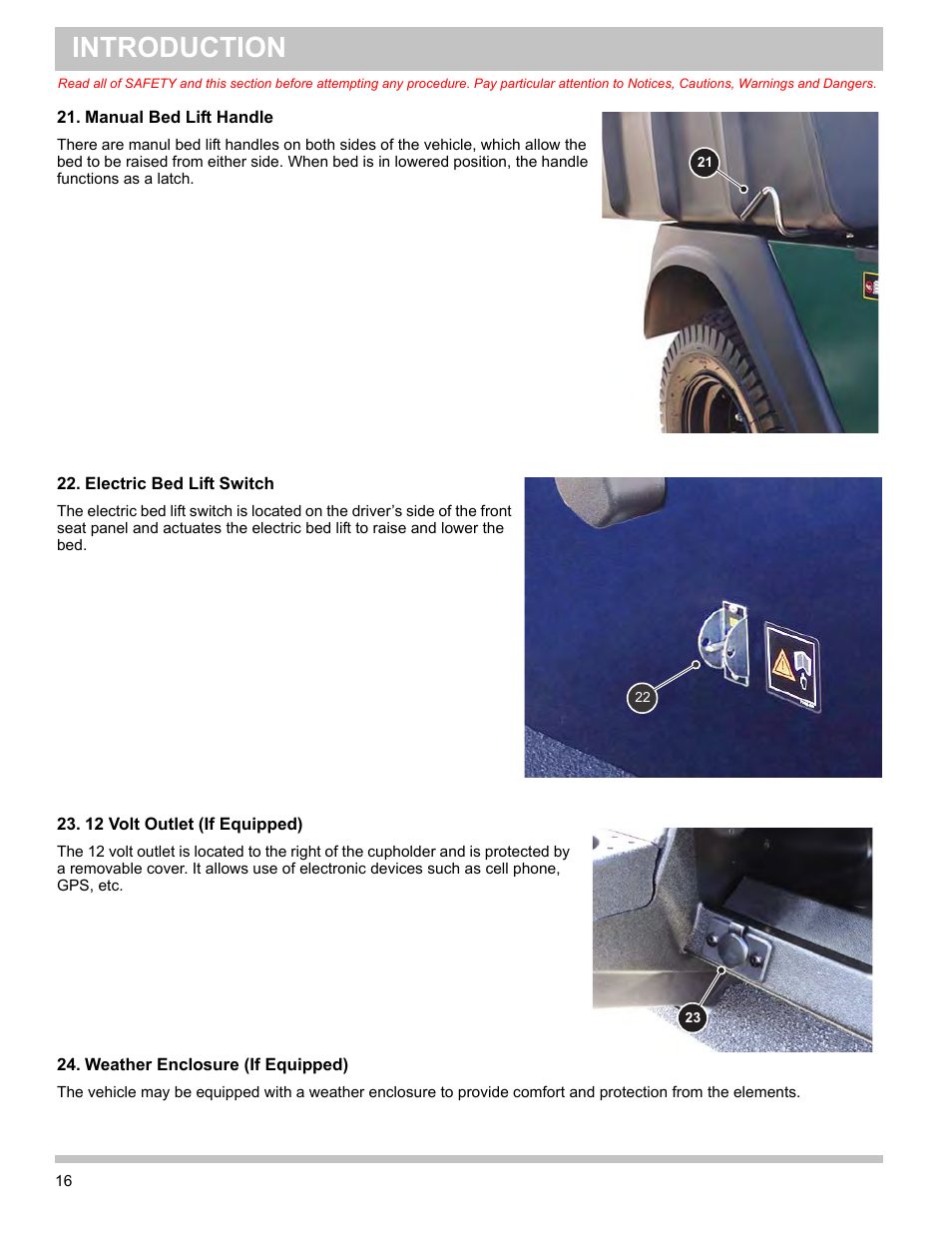 Manual bed lift handle, Electric bed lift switch, 12 volt outlet (if equipped) | Weather enclosure (if equipped), Manual bed lift handle electric bed lift switch, 12 volt outlet weather enclosure (if equipped), Introduction | E-Z-GO TERRAIN 1000 User Manual | Page 25 / 71