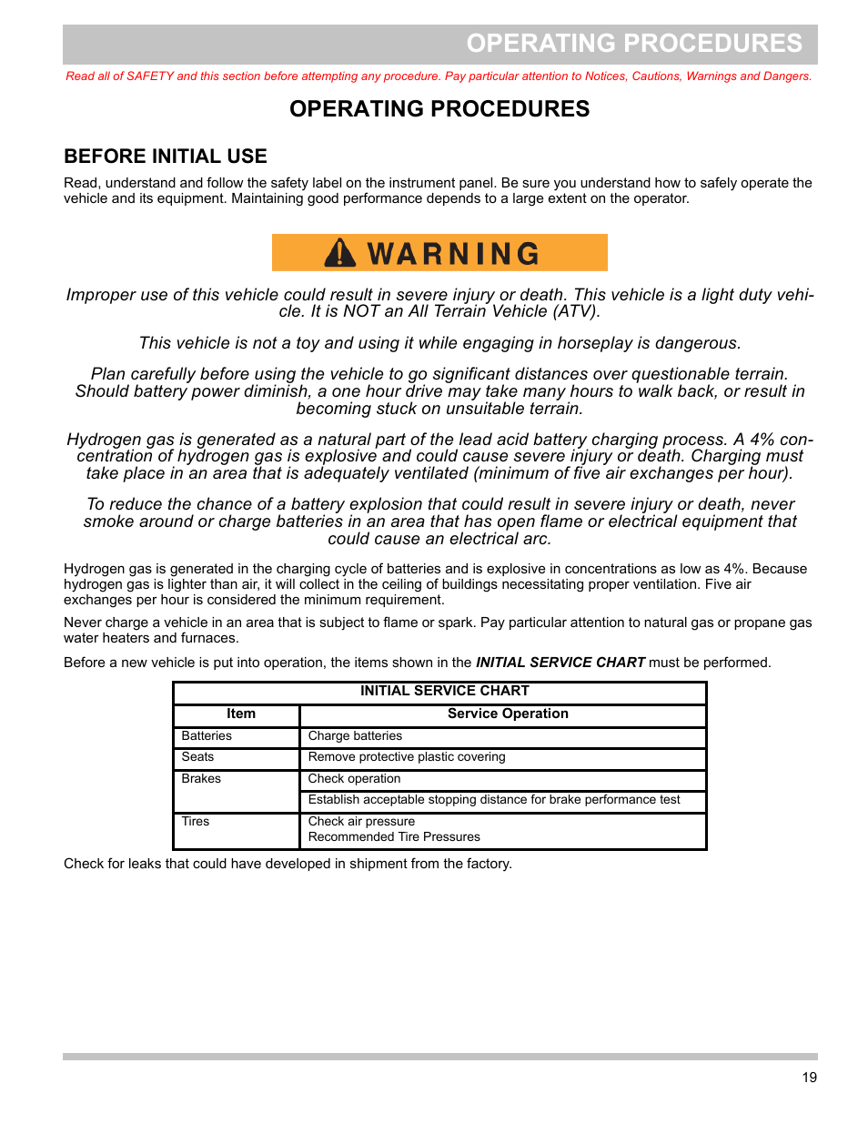 Operating procedures, Before initial use | E-Z-GO TERRAIN 1000 User Manual | Page 28 / 71