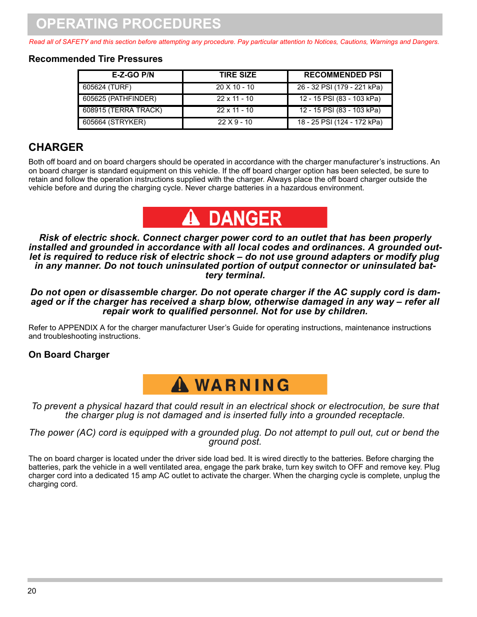 Recommended tire pressures, On board charger, Charger | Operating procedures | E-Z-GO TERRAIN 1000 User Manual | Page 29 / 71