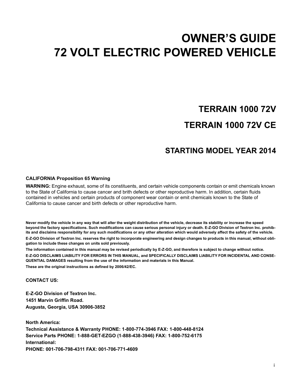 Owner’s guide, 72 volt electric powered vehicle, Terrain 1000 72v | Terrain 1000 72v ce, Starting model year 2014, Owner’s guide 72 volt electric powered vehicle | E-Z-GO TERRAIN 1000 User Manual | Page 3 / 71