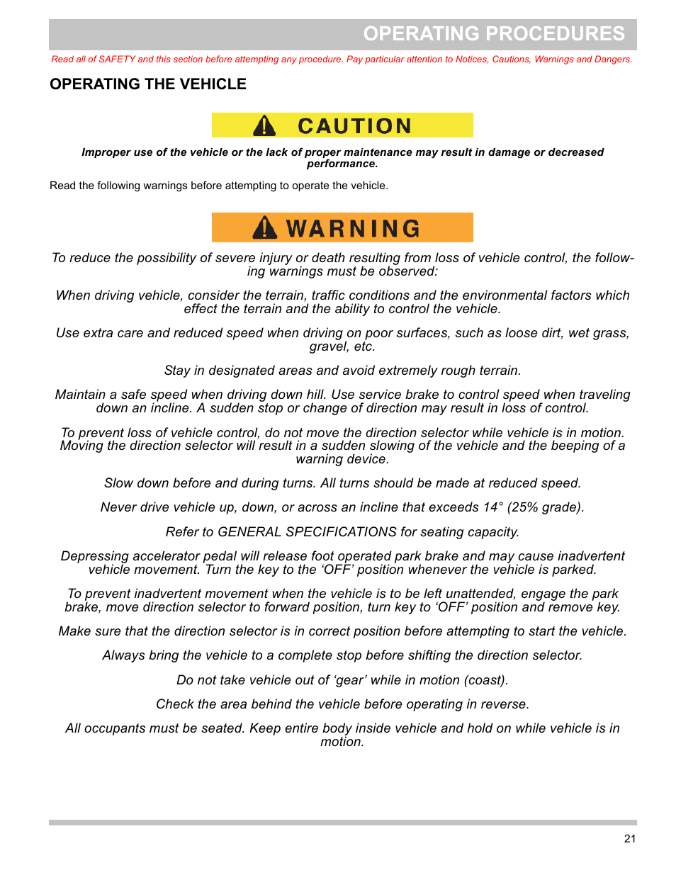 Operating the vehicle, Operating procedures | E-Z-GO TERRAIN 1000 User Manual | Page 30 / 71