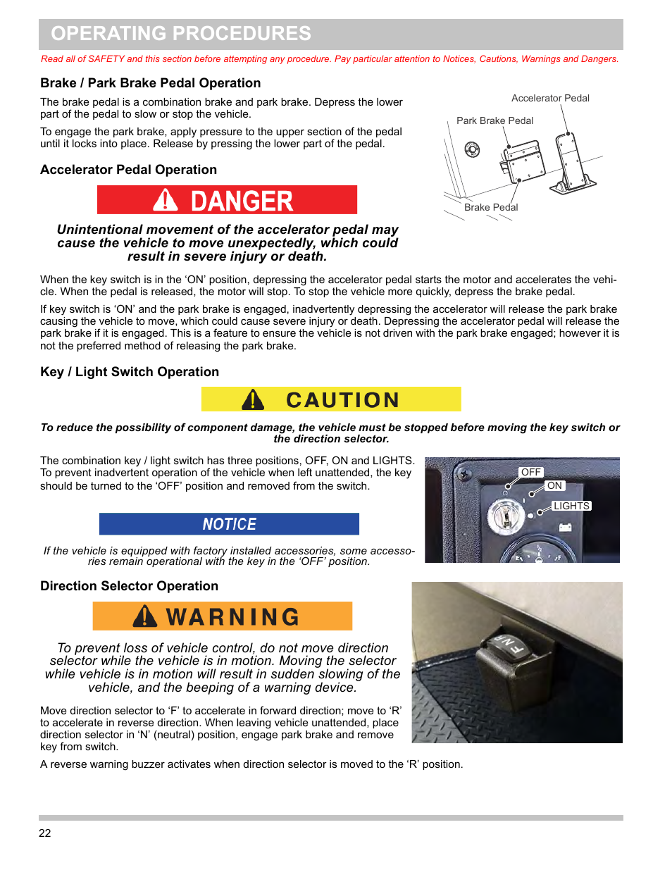 Brake / park brake pedal operation, Accelerator pedal operation, Key / light switch operation | Direction selector operation, Operating procedures | E-Z-GO TERRAIN 1000 User Manual | Page 31 / 71