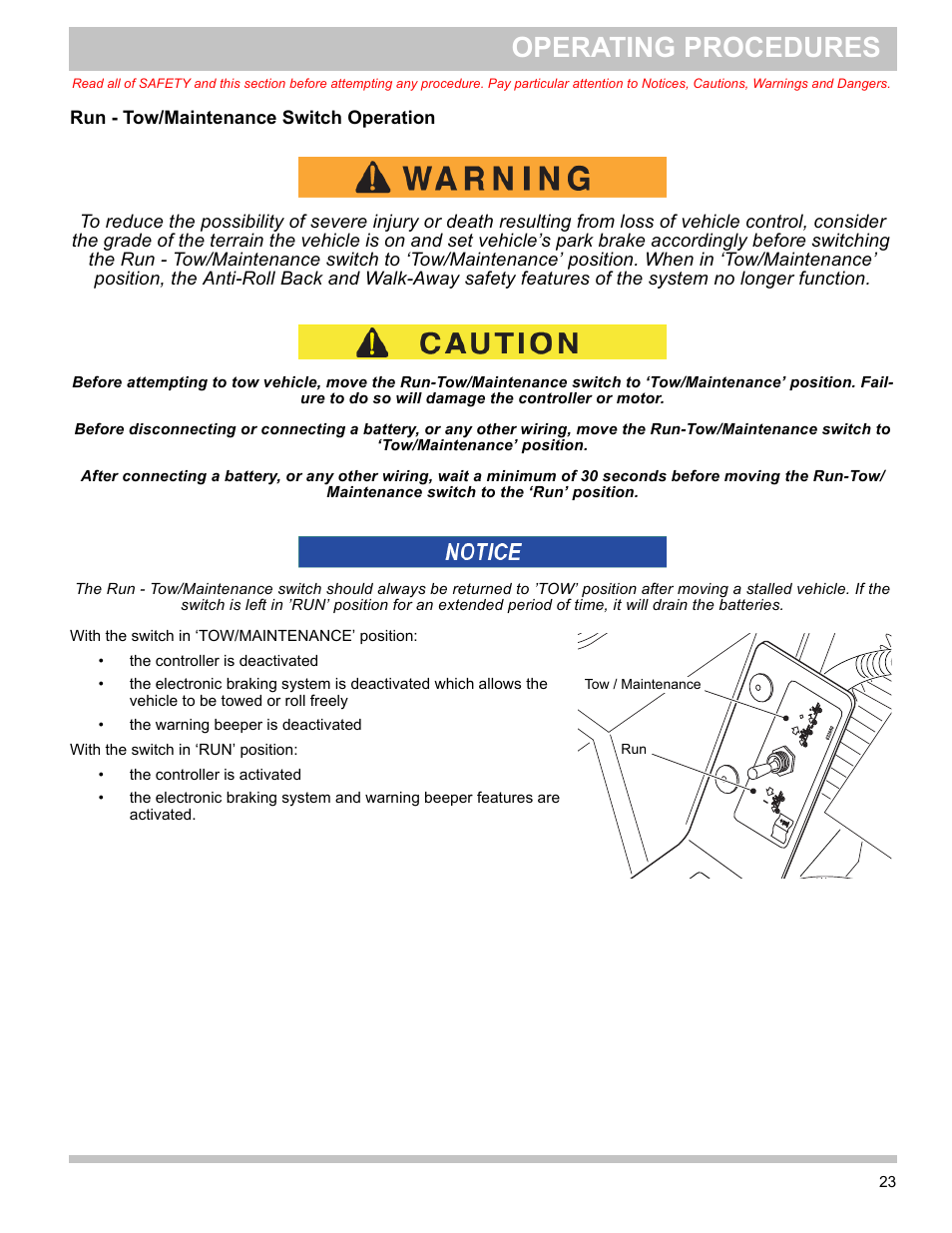 Run - tow/maintenance switch operation, Operating procedures | E-Z-GO TERRAIN 1000 User Manual | Page 32 / 71