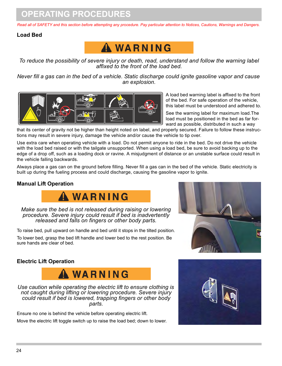 Load bed, Manual lift operation, Electric lift operation | Operating procedures | E-Z-GO TERRAIN 1000 User Manual | Page 33 / 71