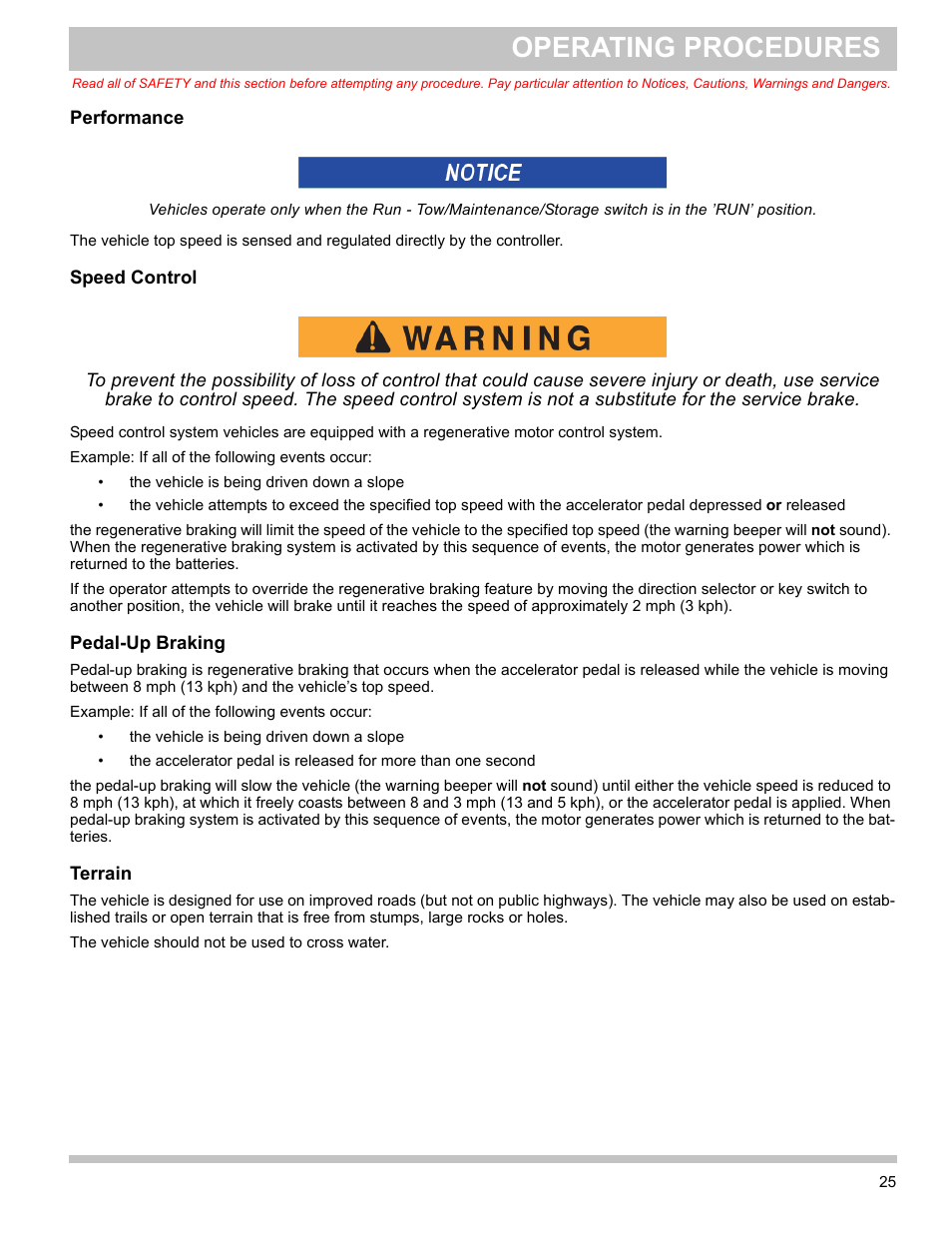 Performance, Speed control, Pedal-up braking | Terrain, Performance speed control pedal-up braking terrain, Operating procedures | E-Z-GO TERRAIN 1000 User Manual | Page 34 / 71