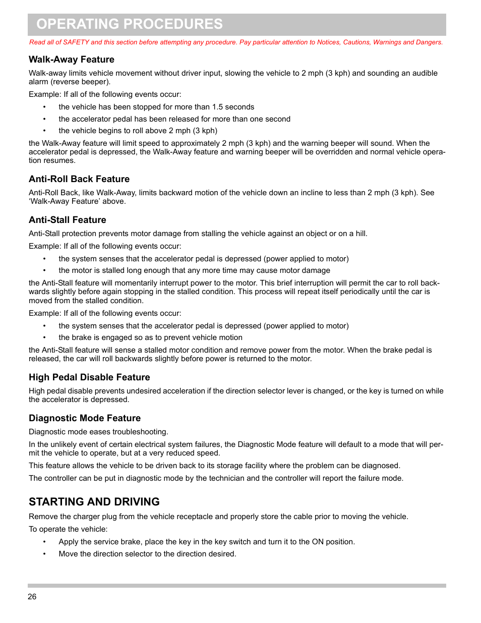 Walk-away feature, Anti-roll back feature, Anti-stall feature | High pedal disable feature, Diagnostic mode feature, Starting and driving, Operating procedures | E-Z-GO TERRAIN 1000 User Manual | Page 35 / 71