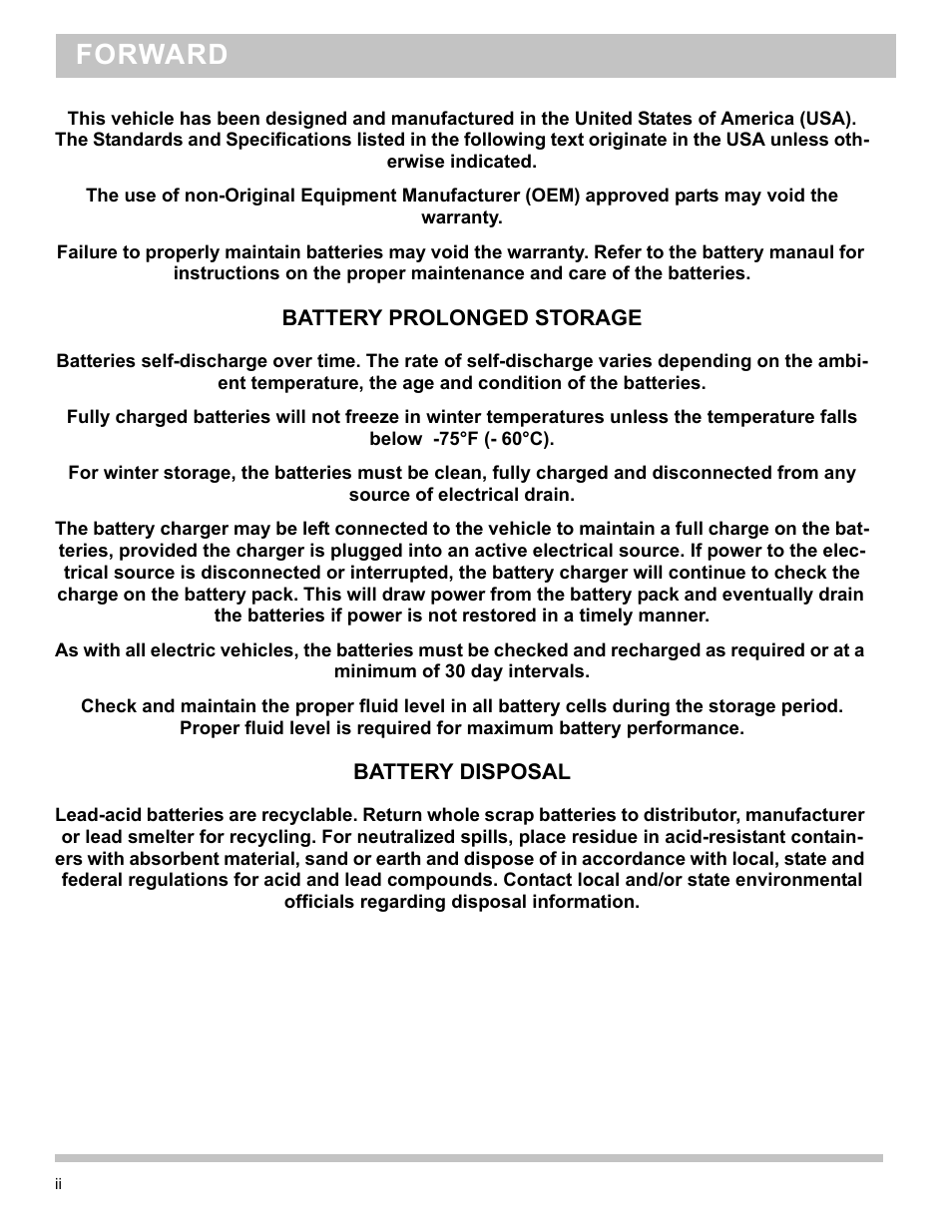 Battery prolonged storage, Battery disposal, Forward | E-Z-GO TERRAIN 1000 User Manual | Page 4 / 71