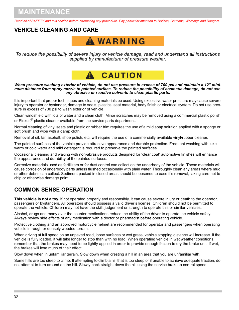 Vehicle cleaning and care common sense operation, Maintenance, Vehicle cleaning and care | Common sense operation | E-Z-GO TERRAIN 1000 User Manual | Page 41 / 71