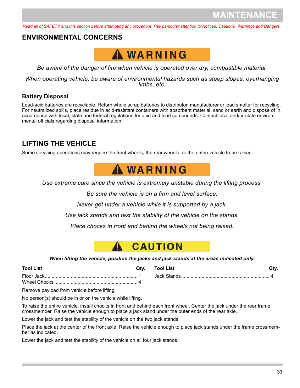 Battery disposal, Environmental concerns, Lifting the vehicle | Maintenance | E-Z-GO TERRAIN 1000 User Manual | Page 42 / 71