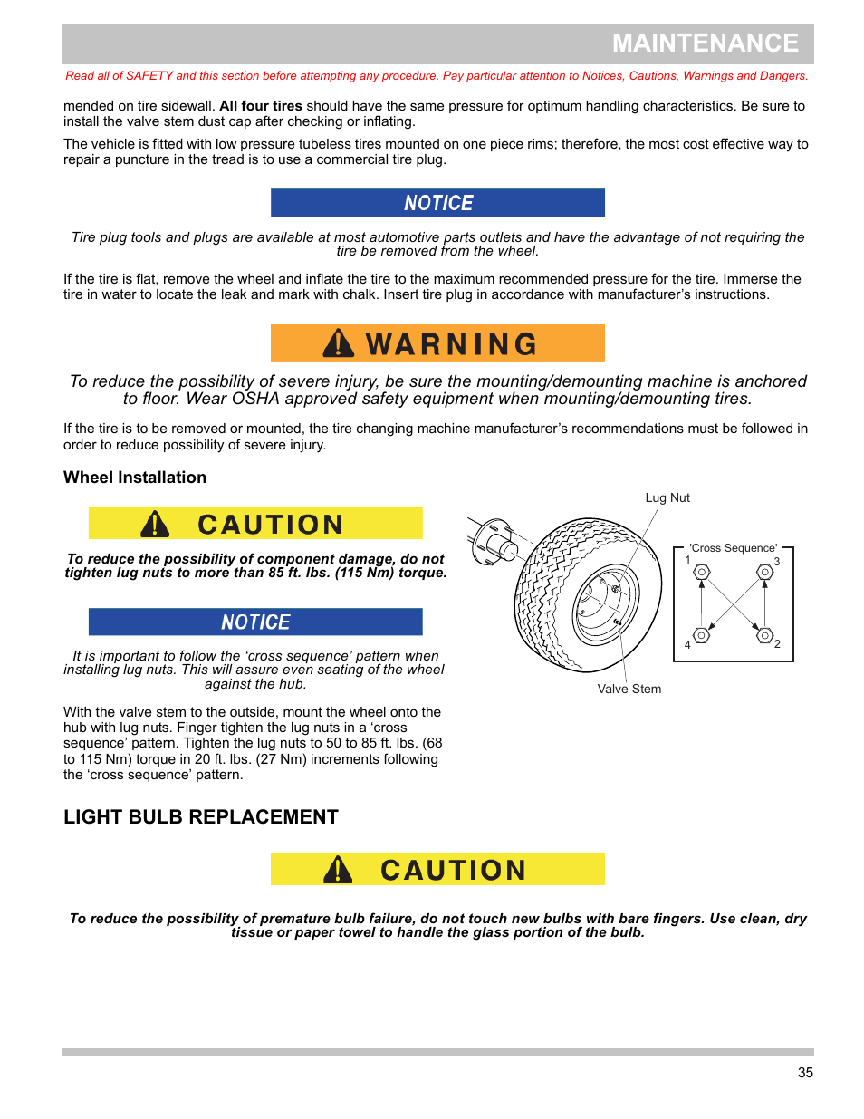 Wheel installation, Light bulb replacement, Maintenance | E-Z-GO TERRAIN 1000 User Manual | Page 44 / 71