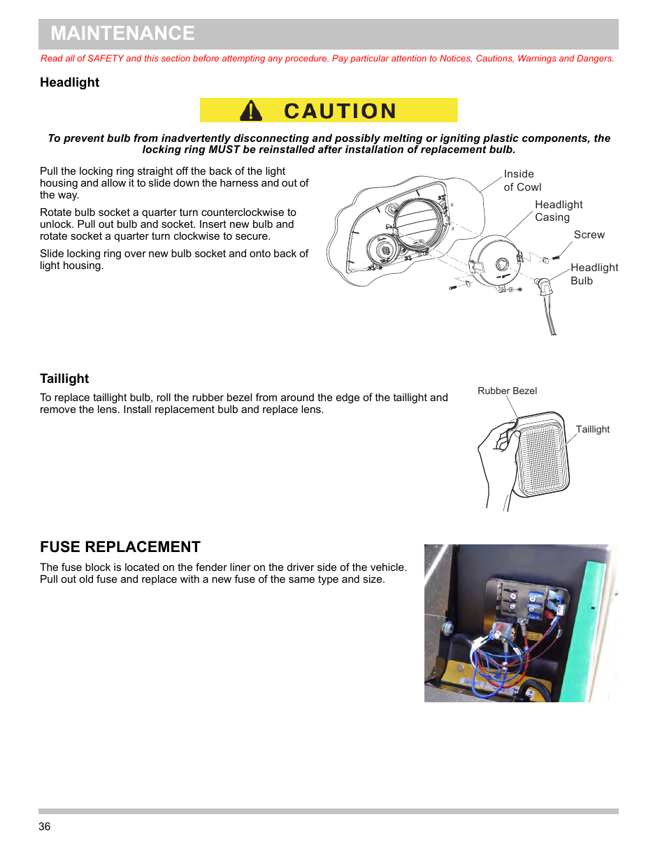 Headlight, Taillight, Headlight taillight | Fuse replacement, Maintenance | E-Z-GO TERRAIN 1000 User Manual | Page 45 / 71