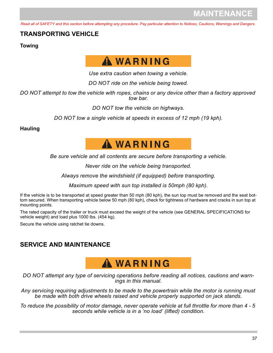 Towing, Hauling, Transporting vehicle | Towing hauling, Service and maintenance, Maintenance | E-Z-GO TERRAIN 1000 User Manual | Page 46 / 71