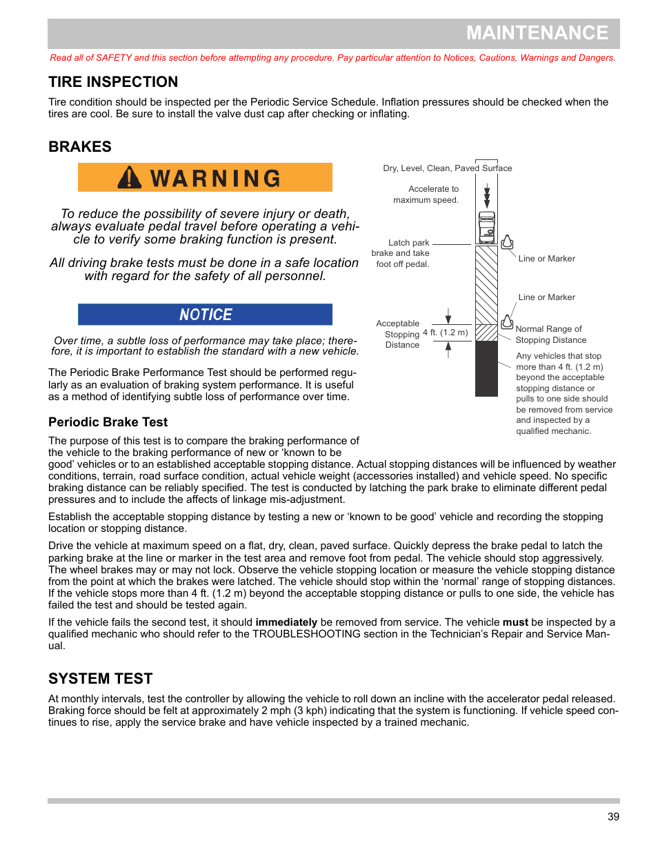 Periodic brake test, Tire inspection brakes, System test | Maintenance, Tire inspection, Brakes | E-Z-GO TERRAIN 1000 User Manual | Page 48 / 71