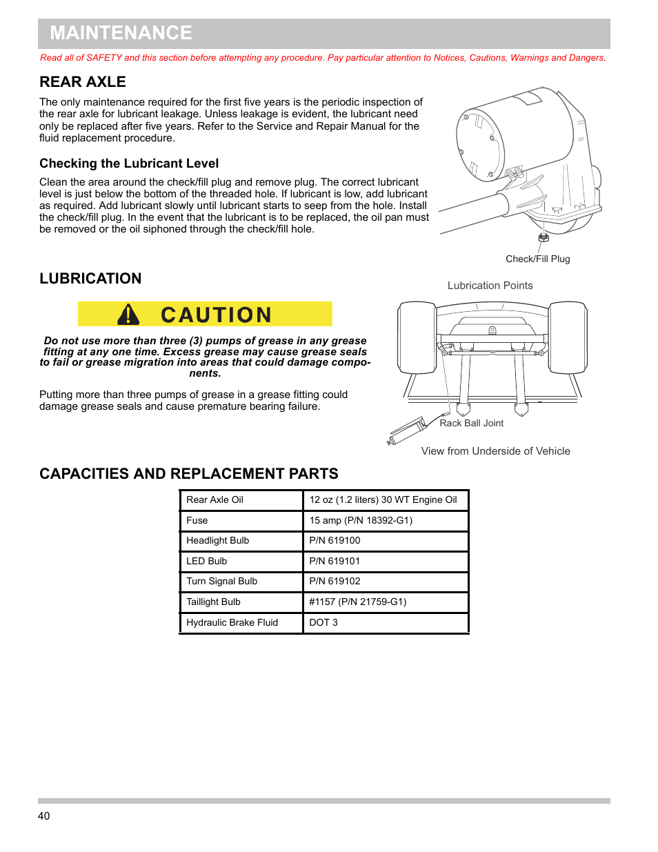 Checking the lubricant level, Rear axle, Lubrication capacities and replacement parts | Maintenance, Lubrication, Capacities and replacement parts | E-Z-GO TERRAIN 1000 User Manual | Page 49 / 71