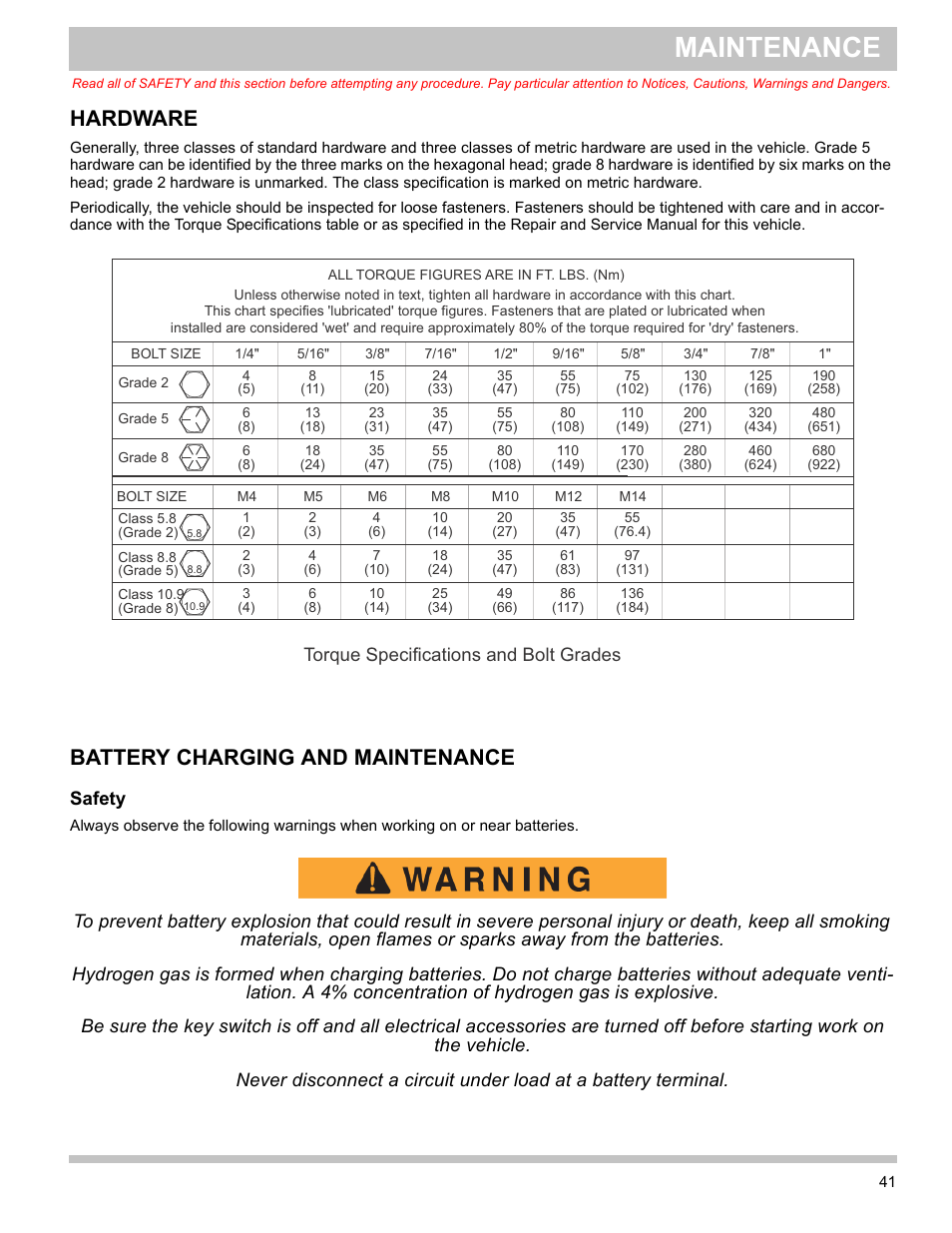 Safety, Hardware battery charging and maintenance, Maintenance | Hardware, Battery charging and maintenance | E-Z-GO TERRAIN 1000 User Manual | Page 50 / 71