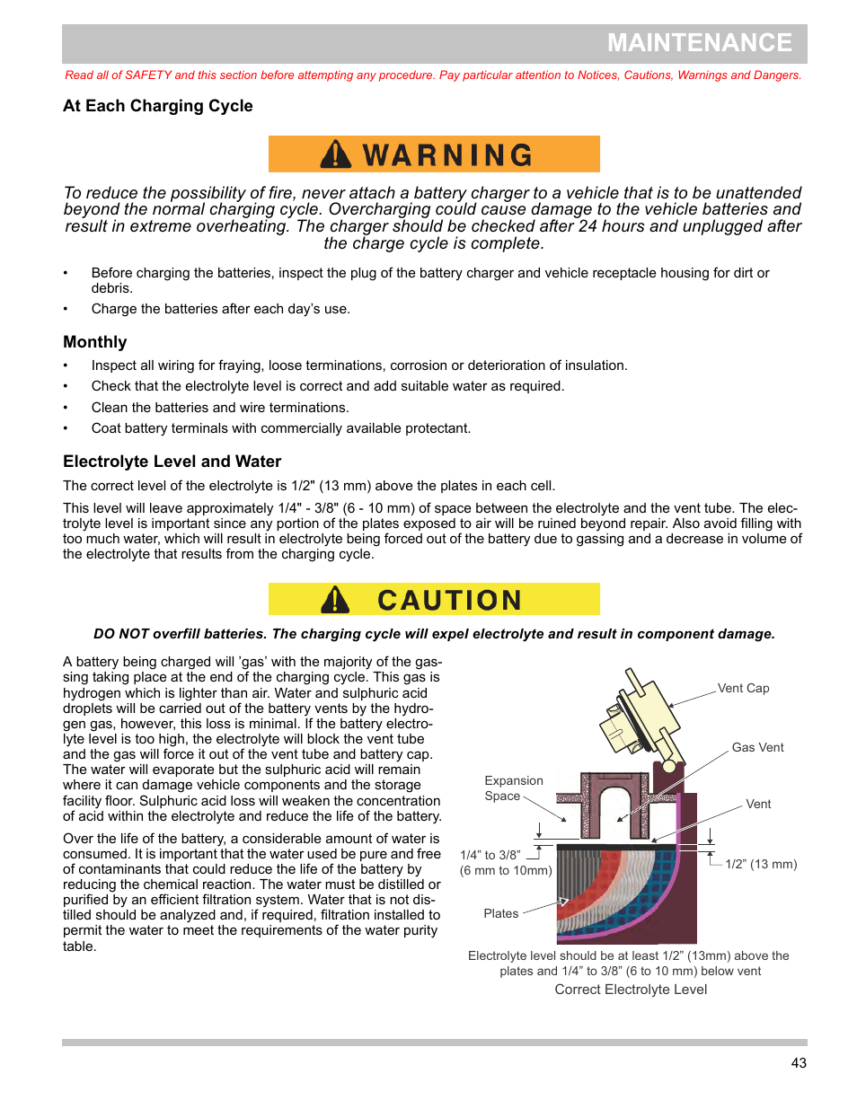 At each charging cycle, Monthly, Electrolyte level and water | Maintenance | E-Z-GO TERRAIN 1000 User Manual | Page 52 / 71