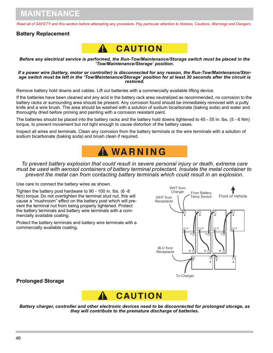 Battery replacement, Prolonged storage, Battery replacement prolonged storage | Maintenance | E-Z-GO TERRAIN 1000 User Manual | Page 55 / 71