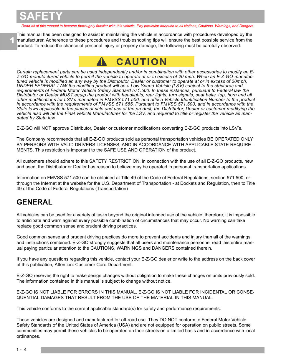 Safety, General | E-Z-GO EXPRESS S4 HIGH OUTPUT User Manual | Page 10 / 82