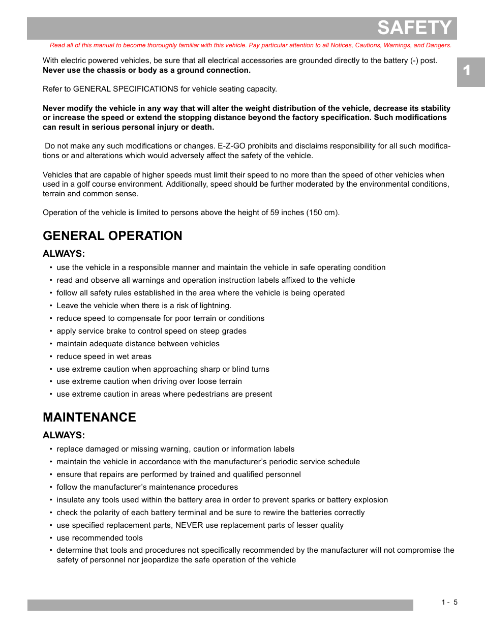 Safety, General operation, Maintenance | E-Z-GO EXPRESS S4 HIGH OUTPUT User Manual | Page 11 / 82