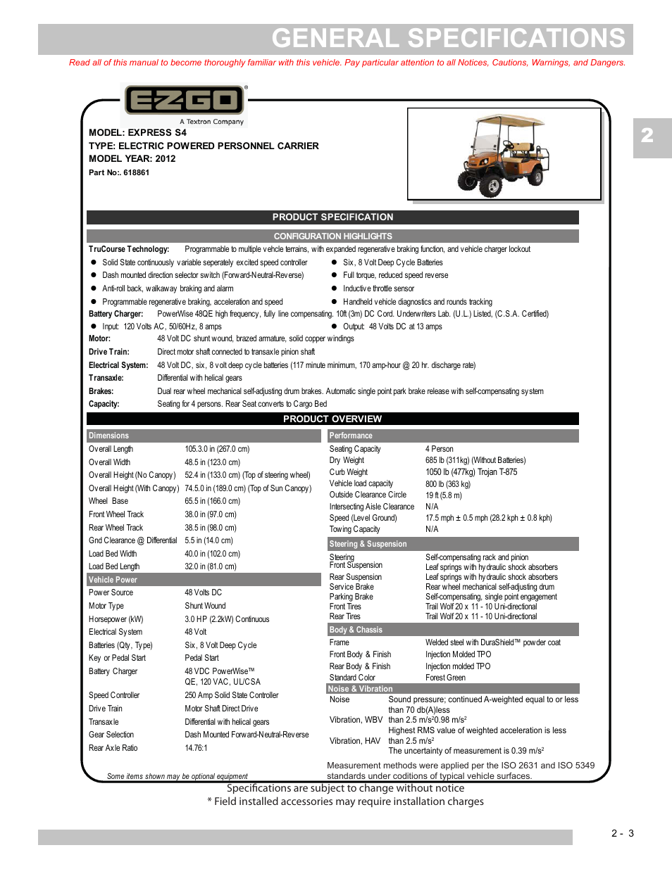 General specifications | E-Z-GO EXPRESS S4 HIGH OUTPUT User Manual | Page 21 / 82