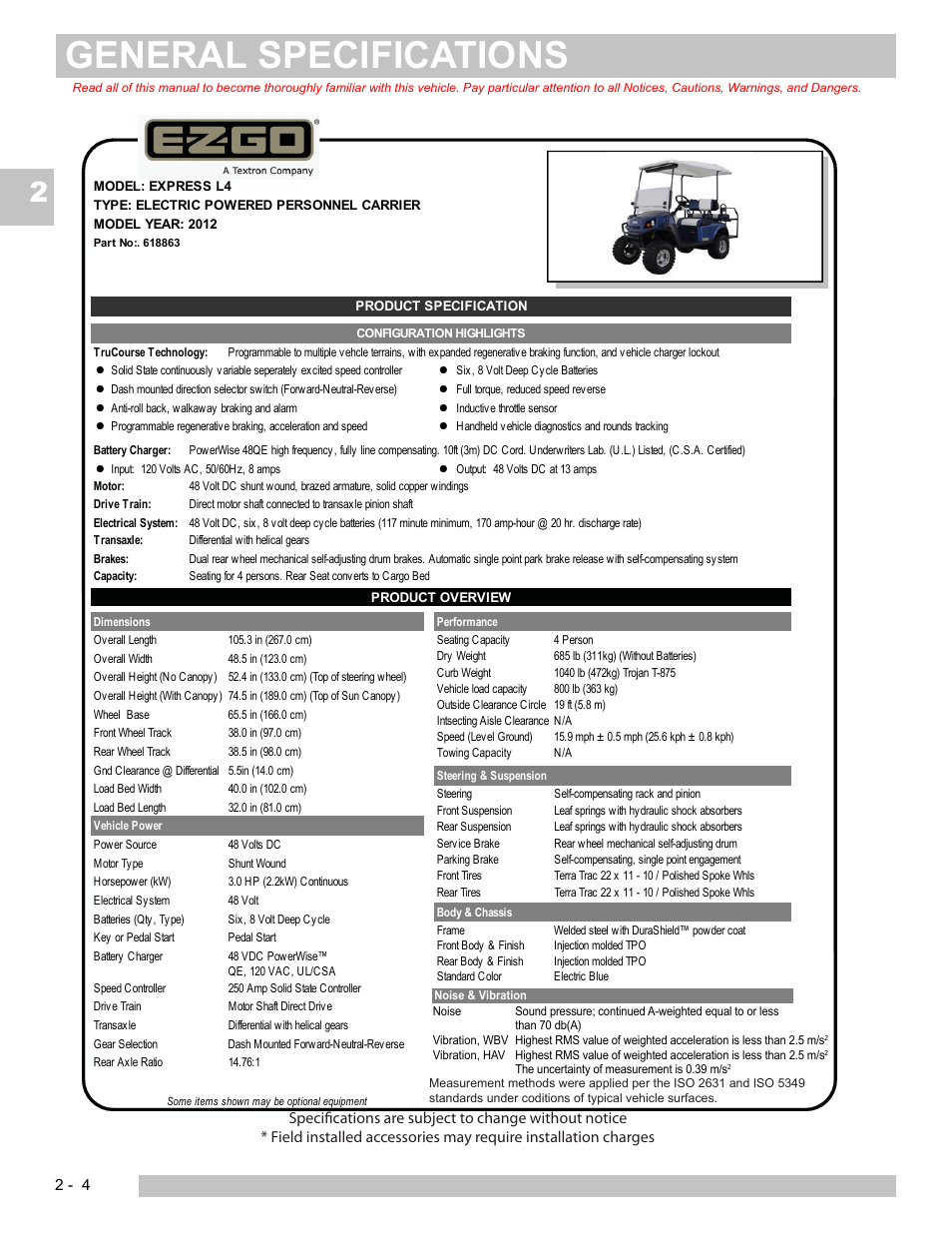General specifications | E-Z-GO EXPRESS S4 HIGH OUTPUT User Manual | Page 22 / 82