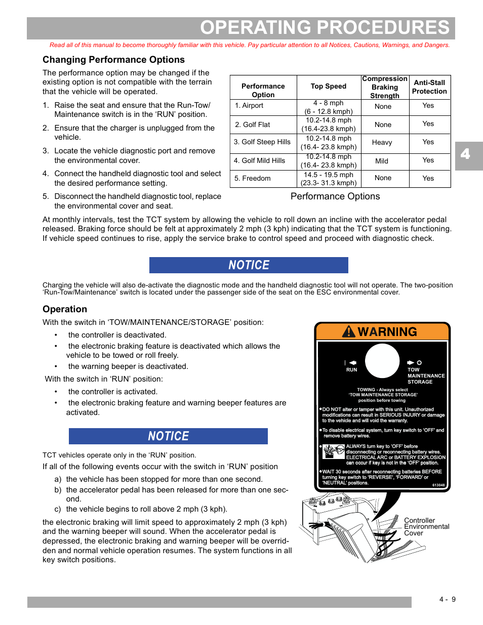 Operating procedures, Notice, Changing performance options | Operation, Performance options | E-Z-GO EXPRESS S4 HIGH OUTPUT User Manual | Page 45 / 82