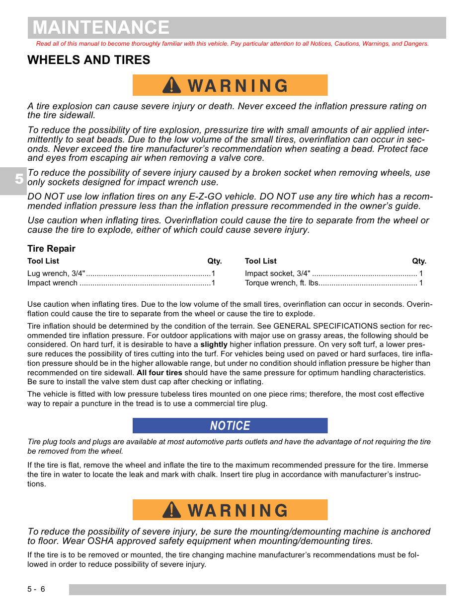 Maintenance, Wheels and tires, Notice | E-Z-GO EXPRESS S4 HIGH OUTPUT User Manual | Page 56 / 82