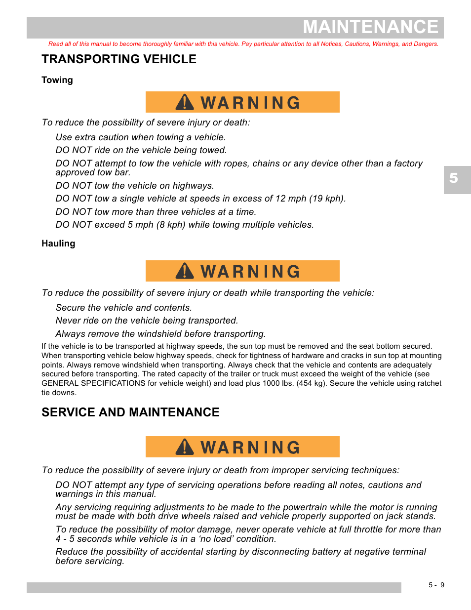 Maintenance, Transporting vehicle, Service and maintenance | E-Z-GO EXPRESS S4 HIGH OUTPUT User Manual | Page 59 / 82