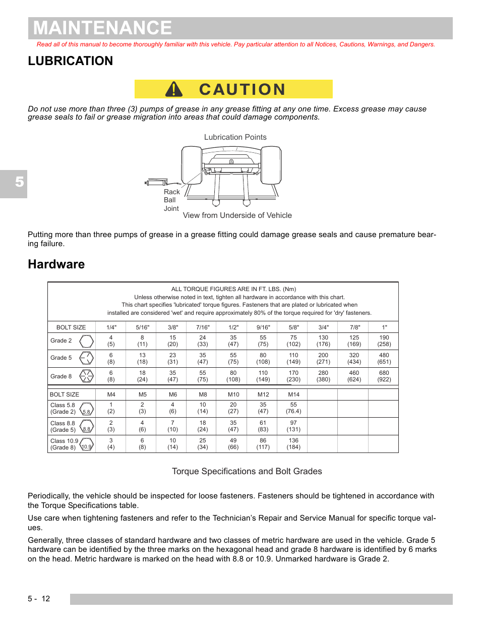 Maintenance, Lubrication, Hardware | Torque specifications and bolt grades | E-Z-GO EXPRESS S4 HIGH OUTPUT User Manual | Page 62 / 82